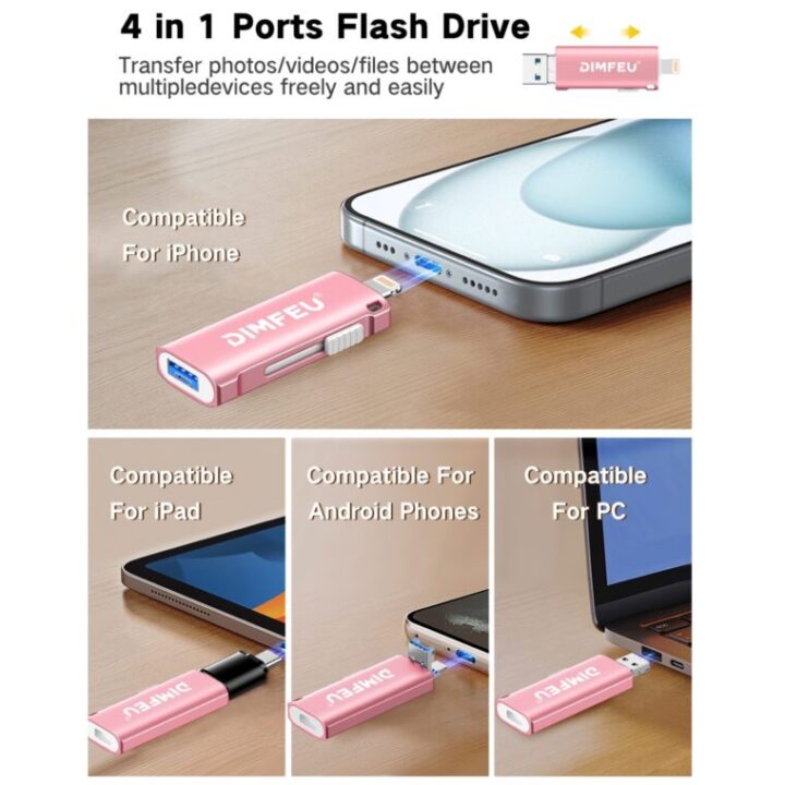 Memoria USB de 128GB Certificada por MFi para iPhone, Foto Stick, 4 en 1 Tipo C con Relámpago y OTG, Memoria USB 3.0 con Llavero, Unidad de Almacenamiento Externa Expansible de 64GB Compatibles para Teléfonos Móviles y Computadoras